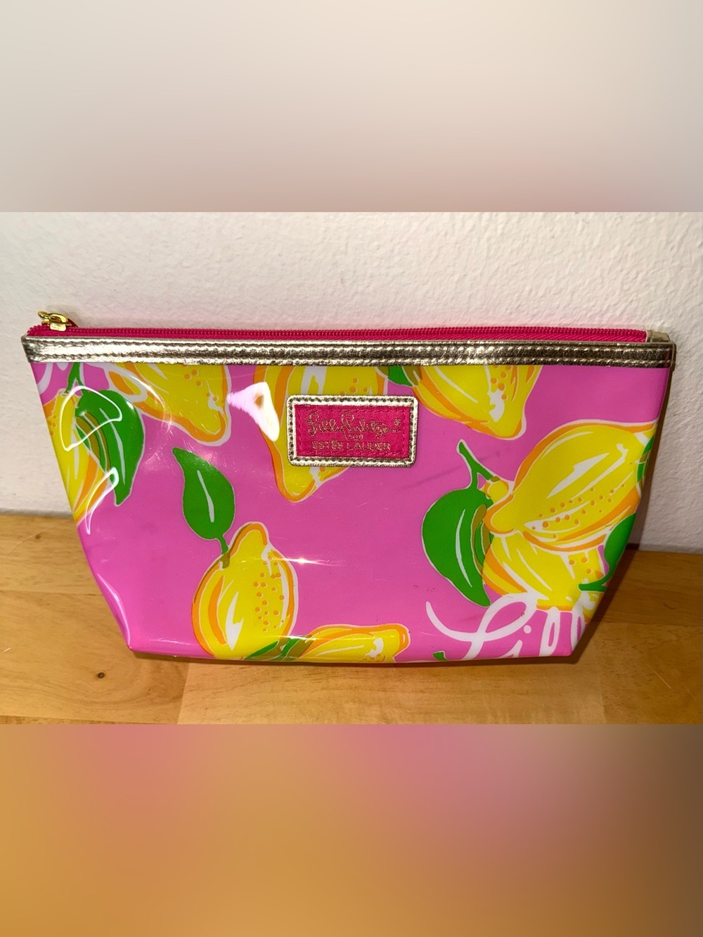 Lilly Pulitzer for Estée Lauder cosmetic bag, pink w/ yellow lemons
